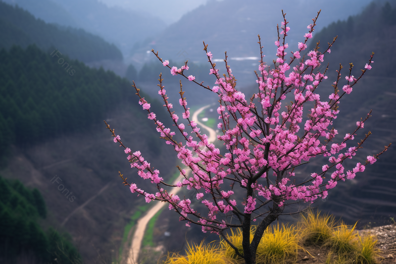 山区高山上一株桃树盛开桃花,高清,摄影图,摄影图片,图片大全,摄影图免费下载